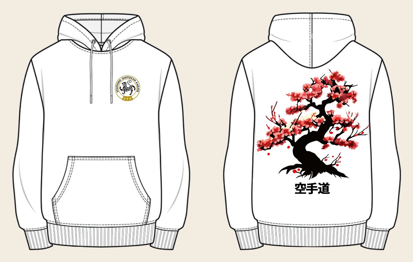 Hoodie design 2, Cherry Blossom, in Arctic White, front and back
