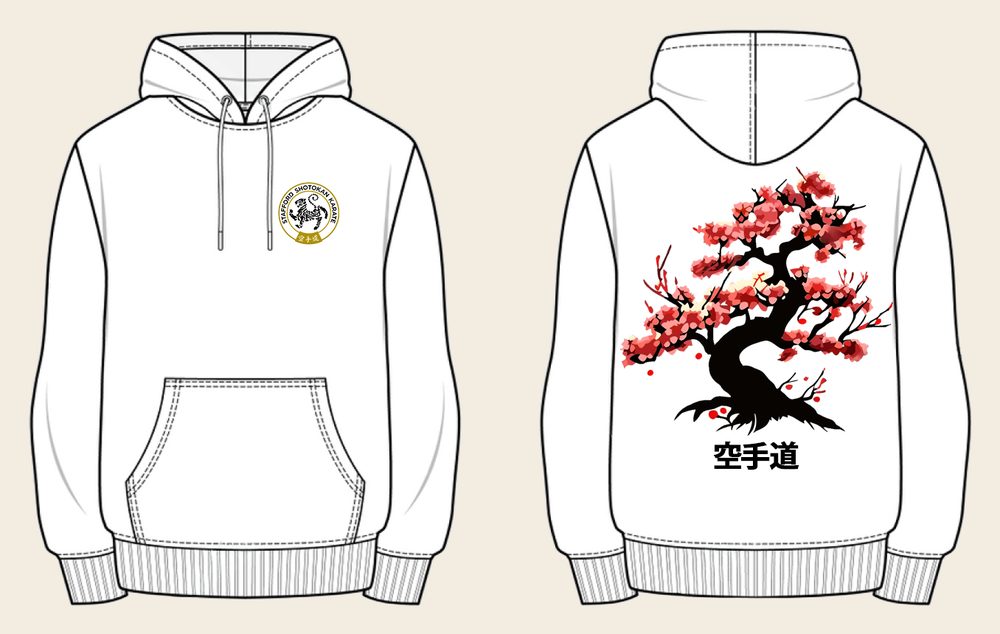 Hoodie design 2, Cherry Blossom, in Arctic White, front and back
