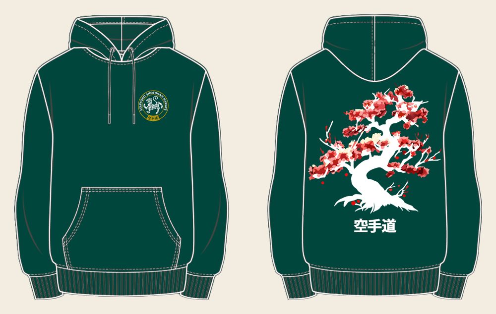 Hoodie design 2, Cherry Blossom, in Bottle Green, front and back