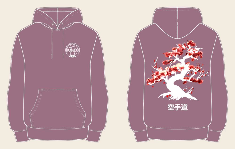 Hoodie design 2, Cherry Blossom, in Dusty Purple, front and back