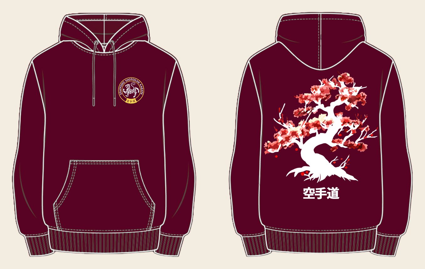 Hoodie design 2, Cherry Blossom, in Maroon, front and back