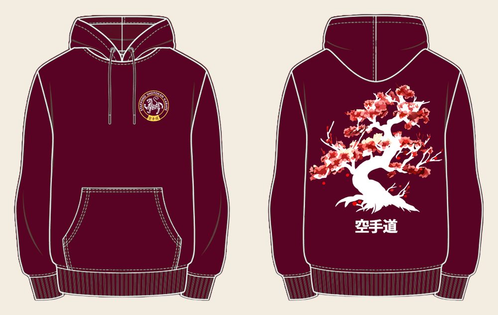 Hoodie design 2, Cherry Blossom, in Maroon, front and back