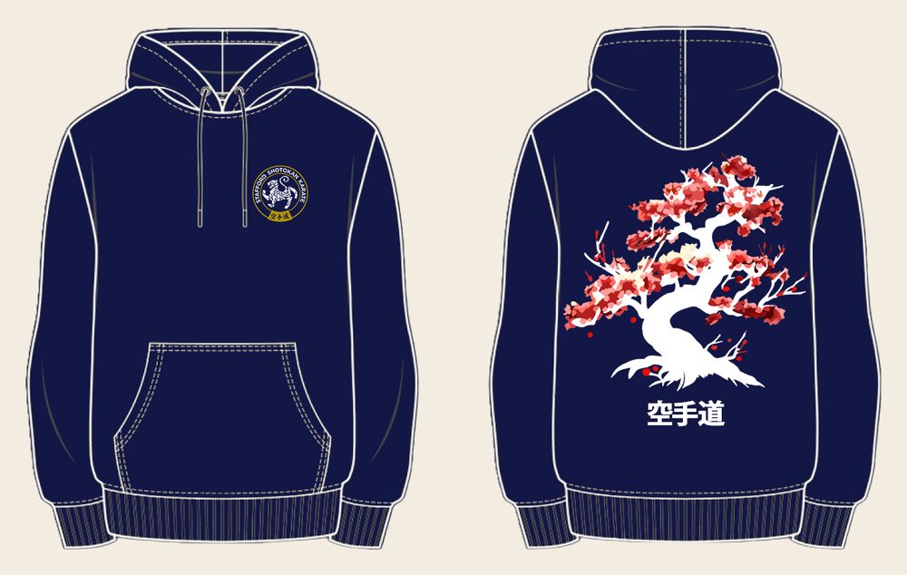 Hoodie design 2, Cherry Blossom, in New French Navy, front and back