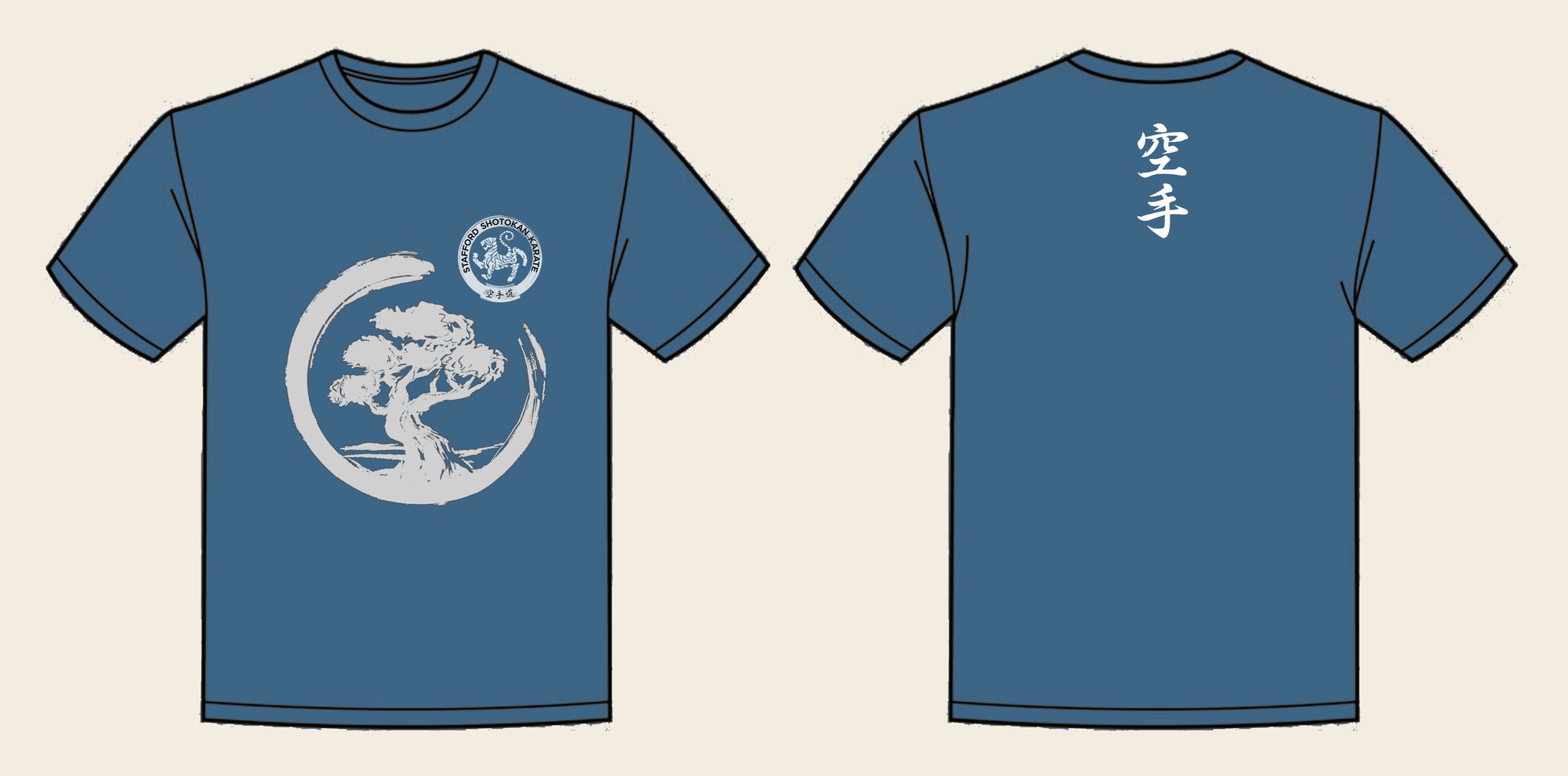 T-Shirt design 10, Brushed Bonsai, in Airforce Blue, front and back