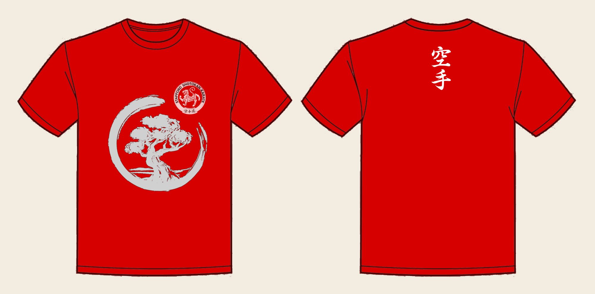 T-Shirt design 10, Brushed Bonsai, in Fire Red, front and back