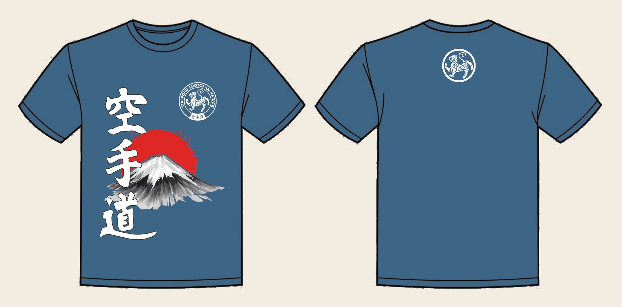 T-Shirt design 12, Mount Fuji Karate, in Airforce Blue, front and back