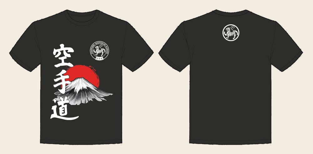 T-Shirt design 12, Mount Fuji Karate, in Solid Charcoal, front and back