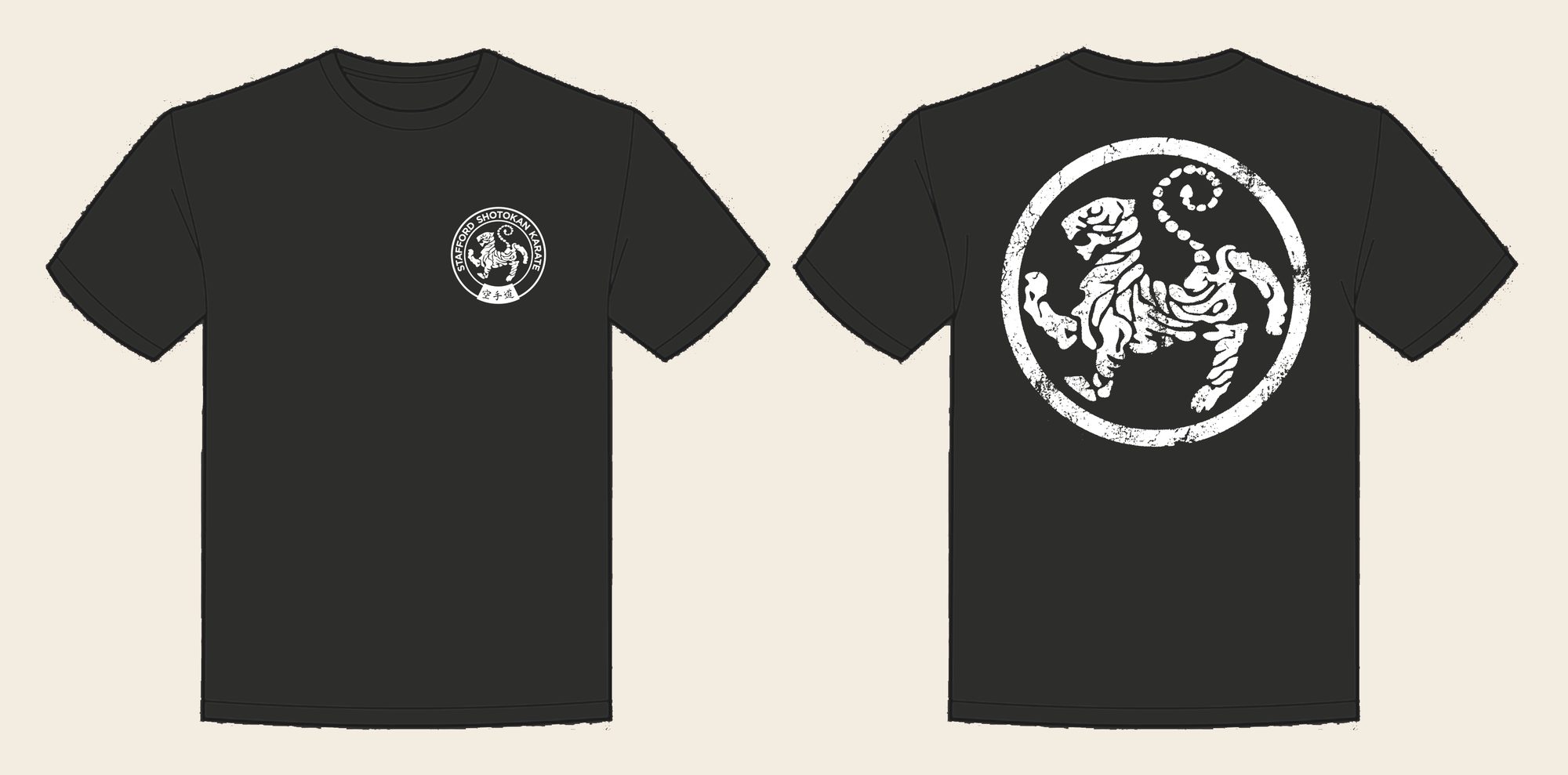 T-Shirt design 13, Weathered Tiger, in Solid Charcoal, front and back