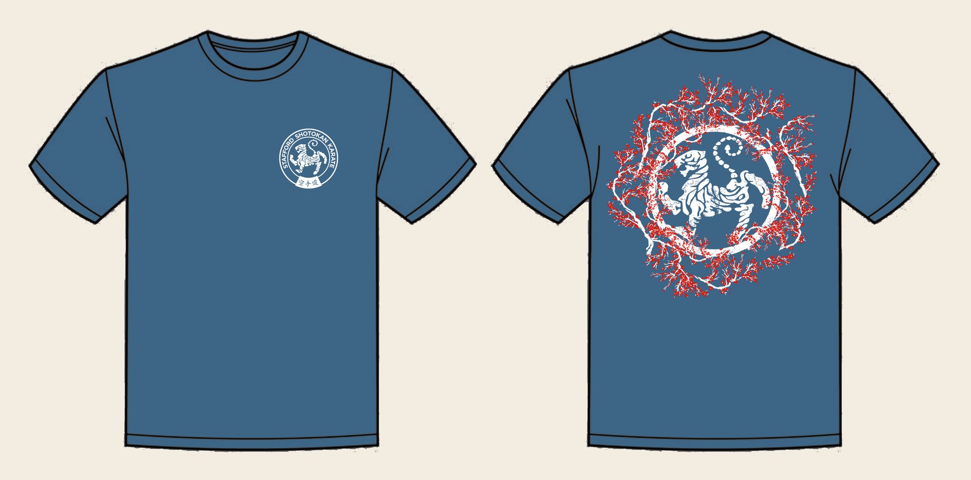 T-Shirt design 14, Sakura Tiger (Option A), in Airforce Blue, front and back