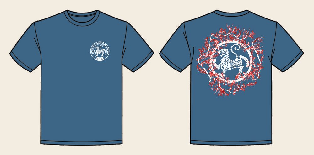 T-Shirt design 14, Sakura Tiger (Option A), in Airforce Blue, front and back