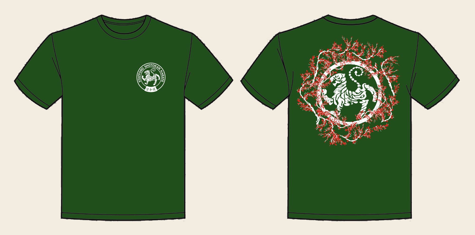 T-Shirt design 14, Sakura Tiger (Option A), in Bottle Green, front and back
