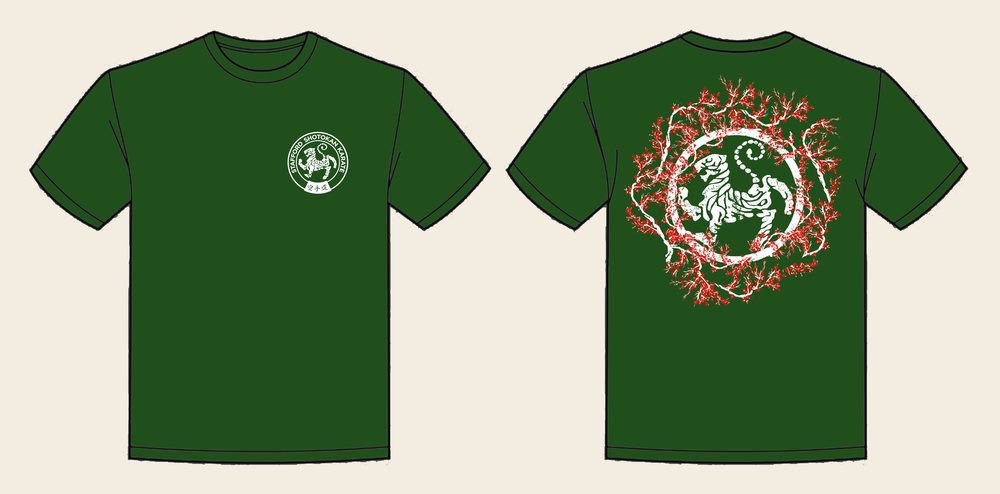 T-Shirt design 14, Sakura Tiger (Option A), in Bottle Green, front and back