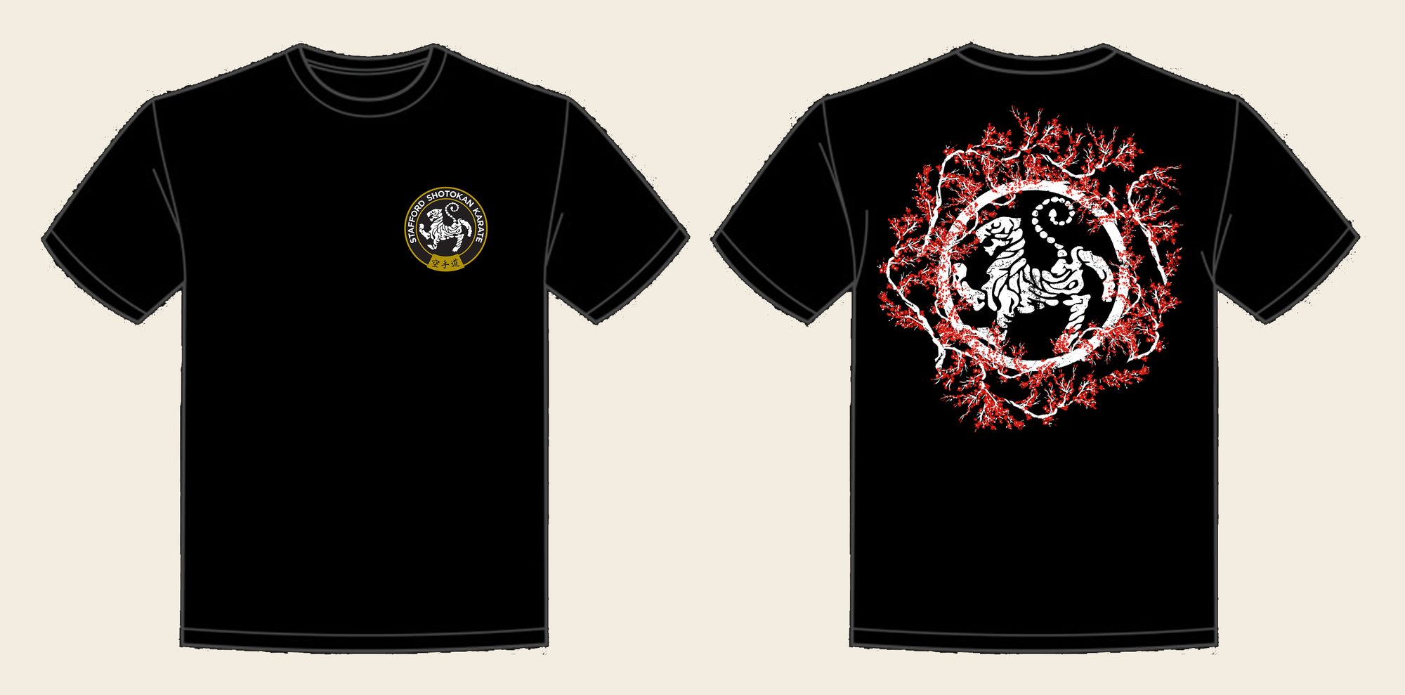 T-Shirt design 14, Sakura Tiger (Option A), in Deep Black, front and back