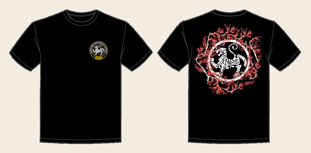 T-Shirt design 14, Sakura Tiger (Option A), in Deep Black, front and back