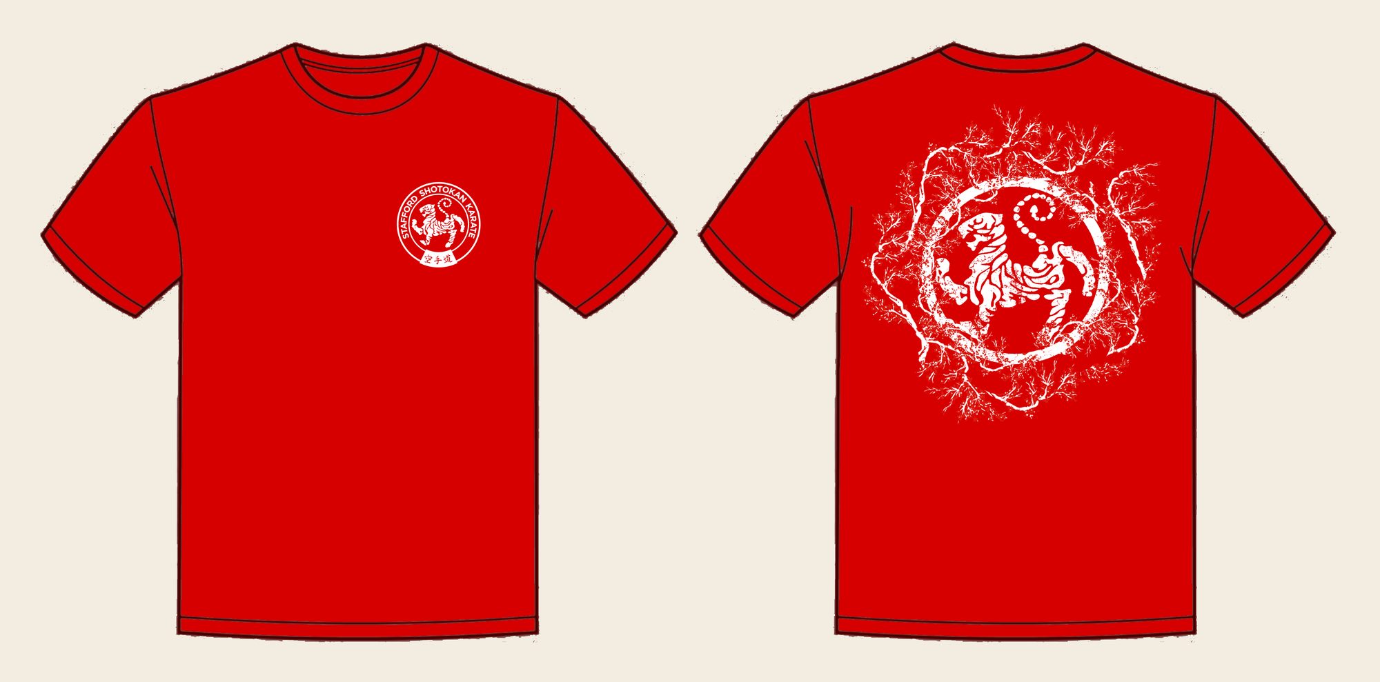 T-Shirt design 14, Sakura Tiger (Option A), in Fire Red, front and back