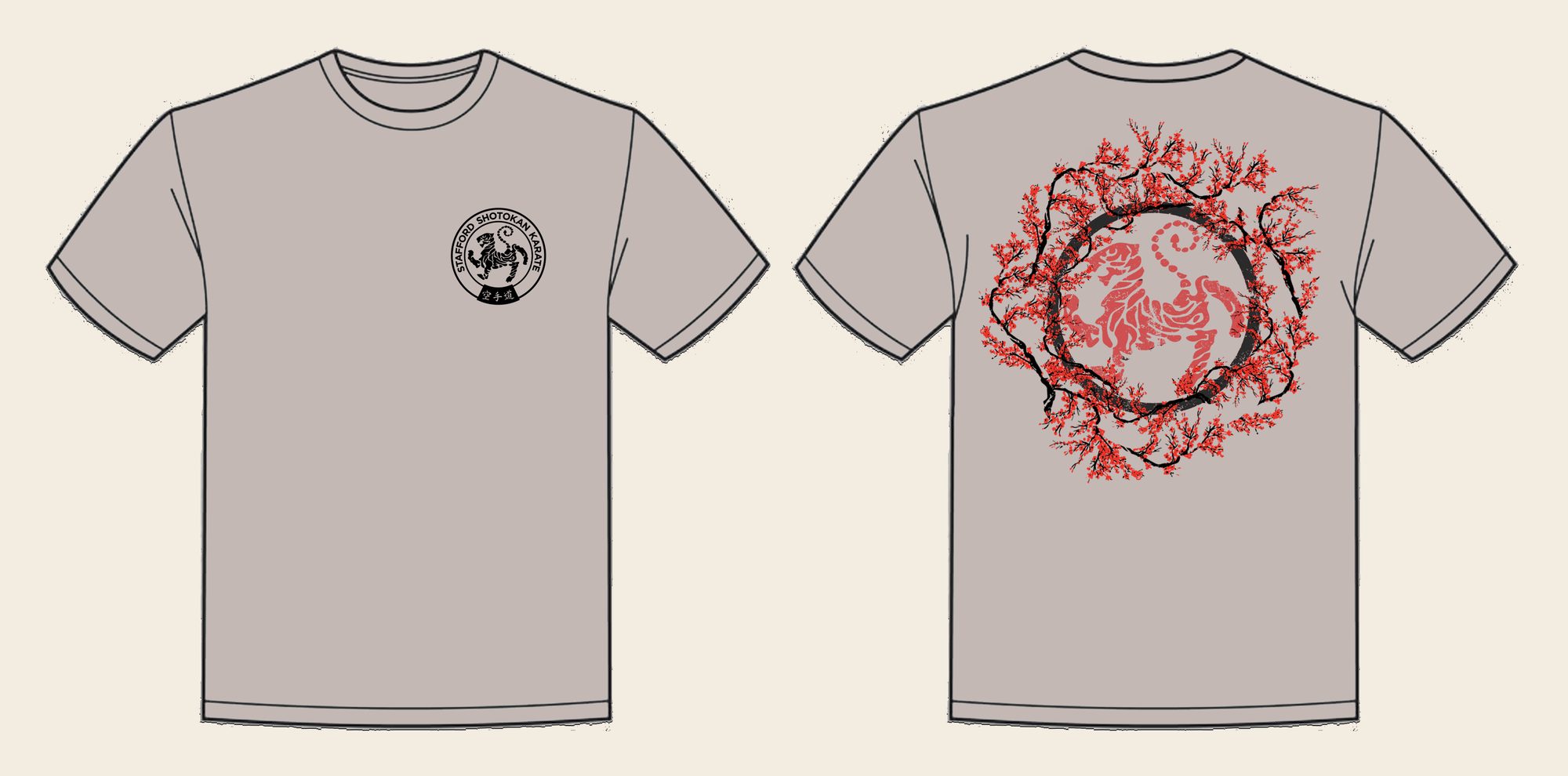 T-Shirt design 14, Sakura Tiger (Option A), in Natural Stone, front and back