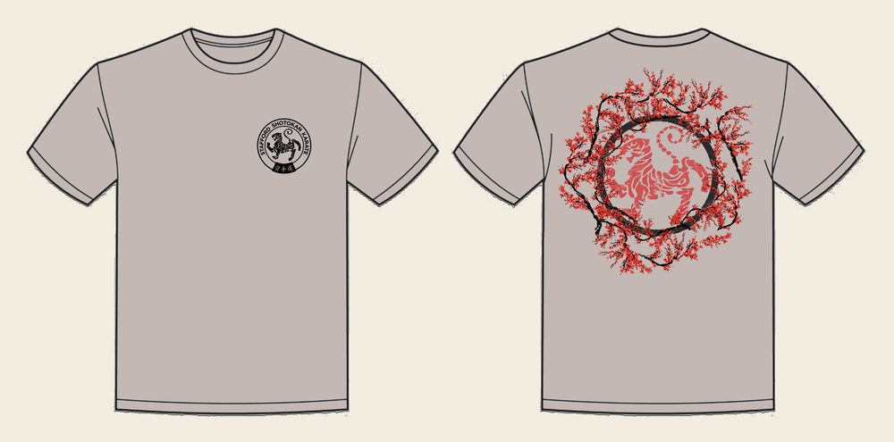 T-Shirt design 14, Sakura Tiger (Option A), in Natural Stone, front and back