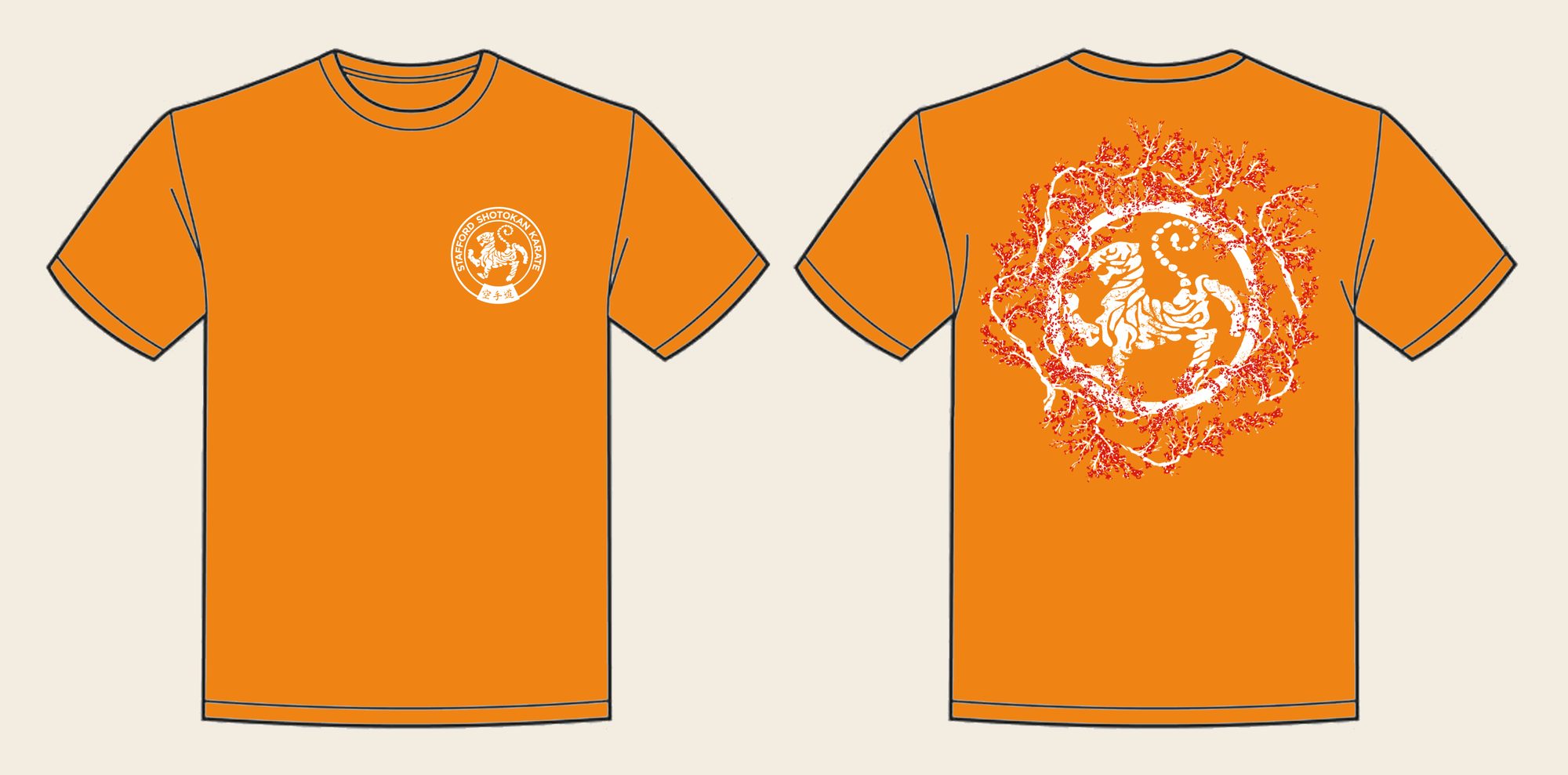 T-Shirt design 14, Sakura Tiger (Option A), in Orange Crush, front and back
