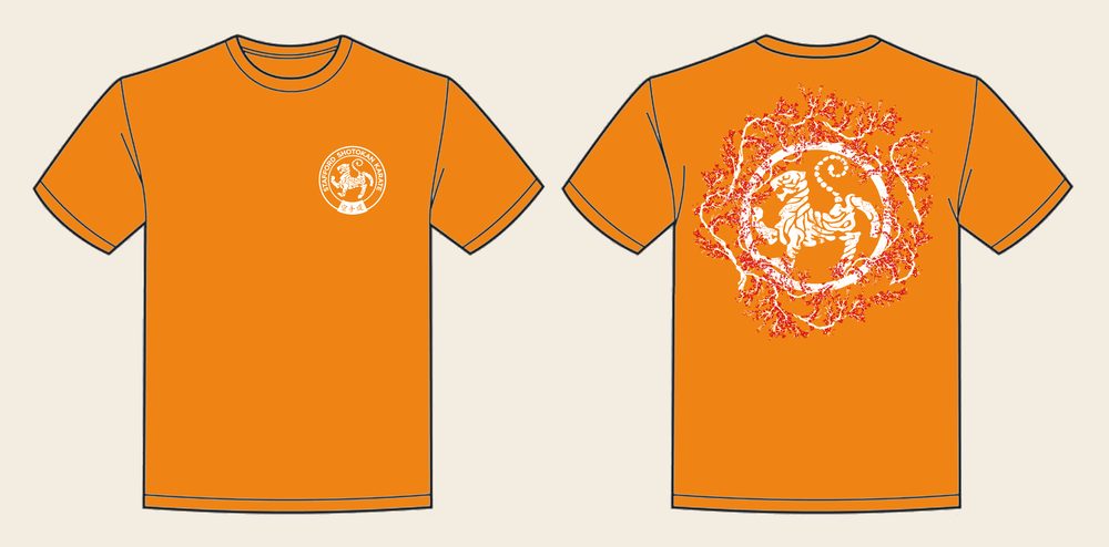 T-Shirt design 14, Sakura Tiger (Option A), in Orange Crush, front and back