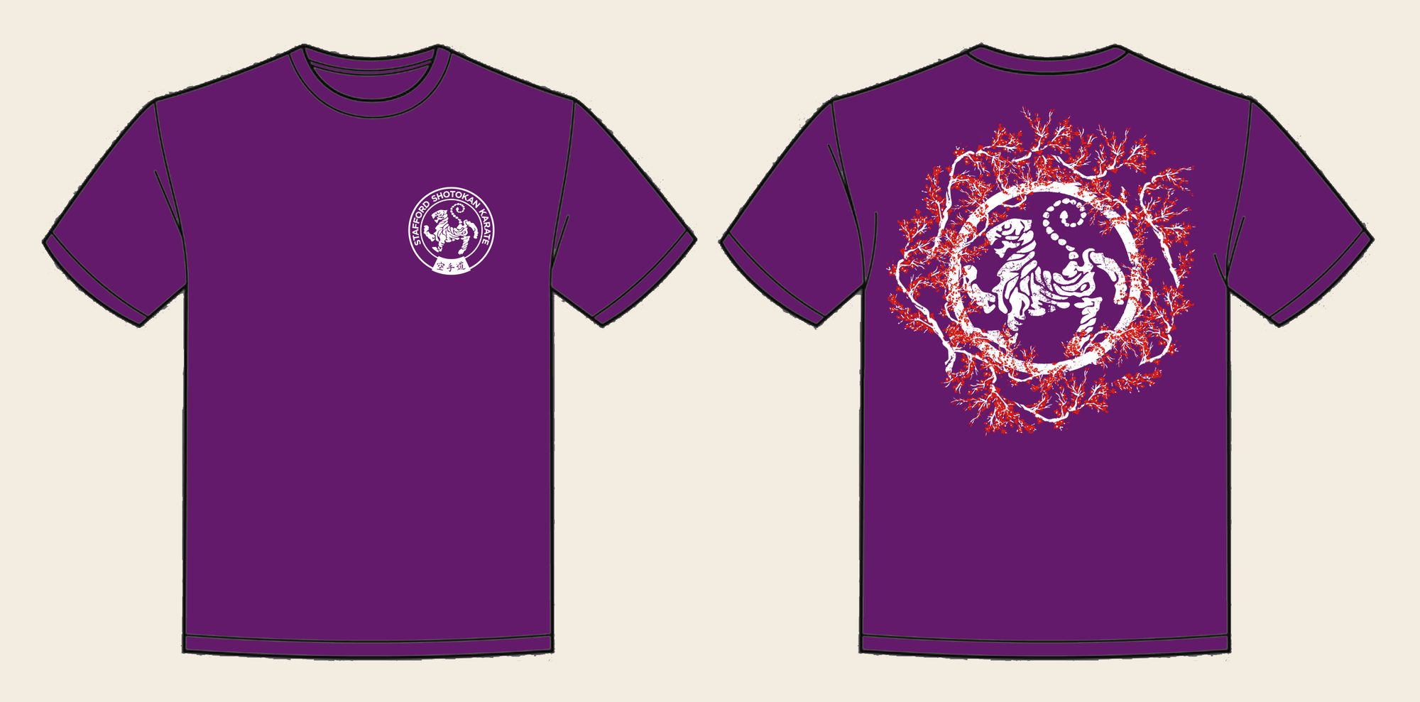T-Shirt design 14, Sakura Tiger (Option A), in Purple, front and back