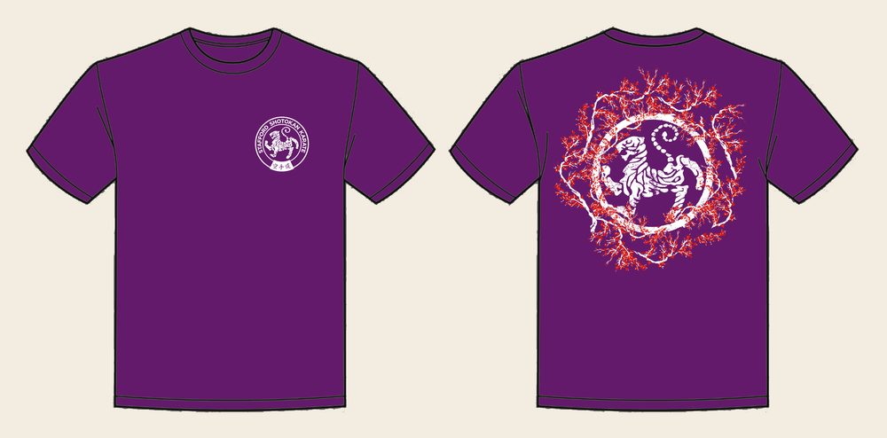 T-Shirt design 14, Sakura Tiger (Option A), in Purple, front and back