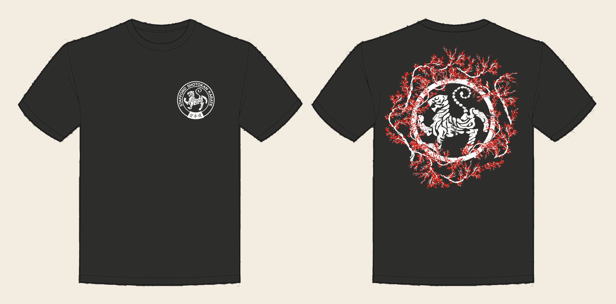 T-Shirt design 14, Sakura Tiger (Option A), in Solid Charcoal, front and back
