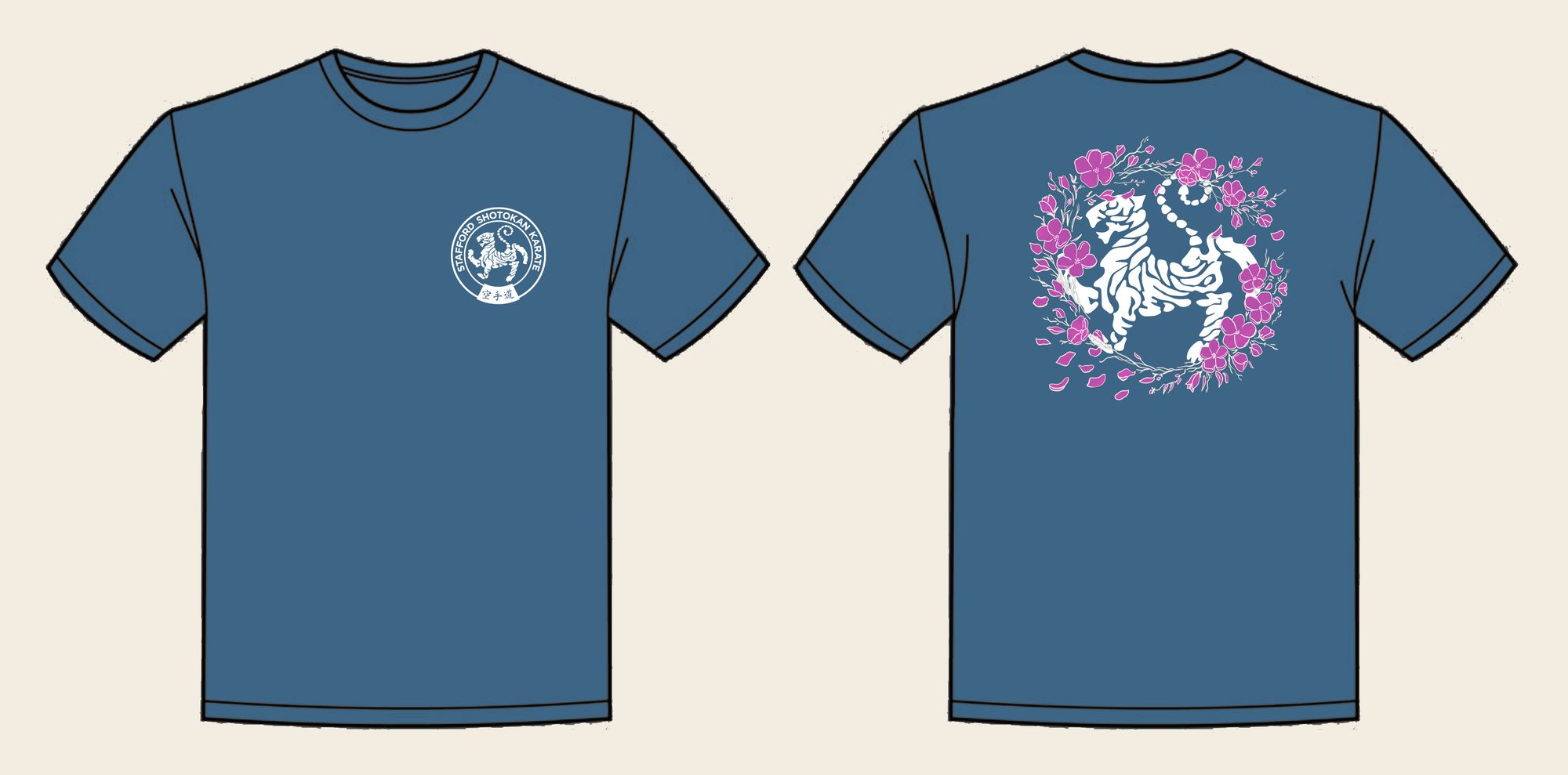 T-Shirt design 17, Sakura Tiger (Option B), in Airforce Blue, front and back