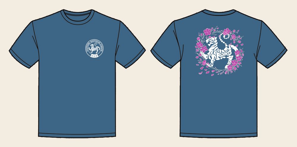T-Shirt design 17, Sakura Tiger (Option B), in Airforce Blue, front and back