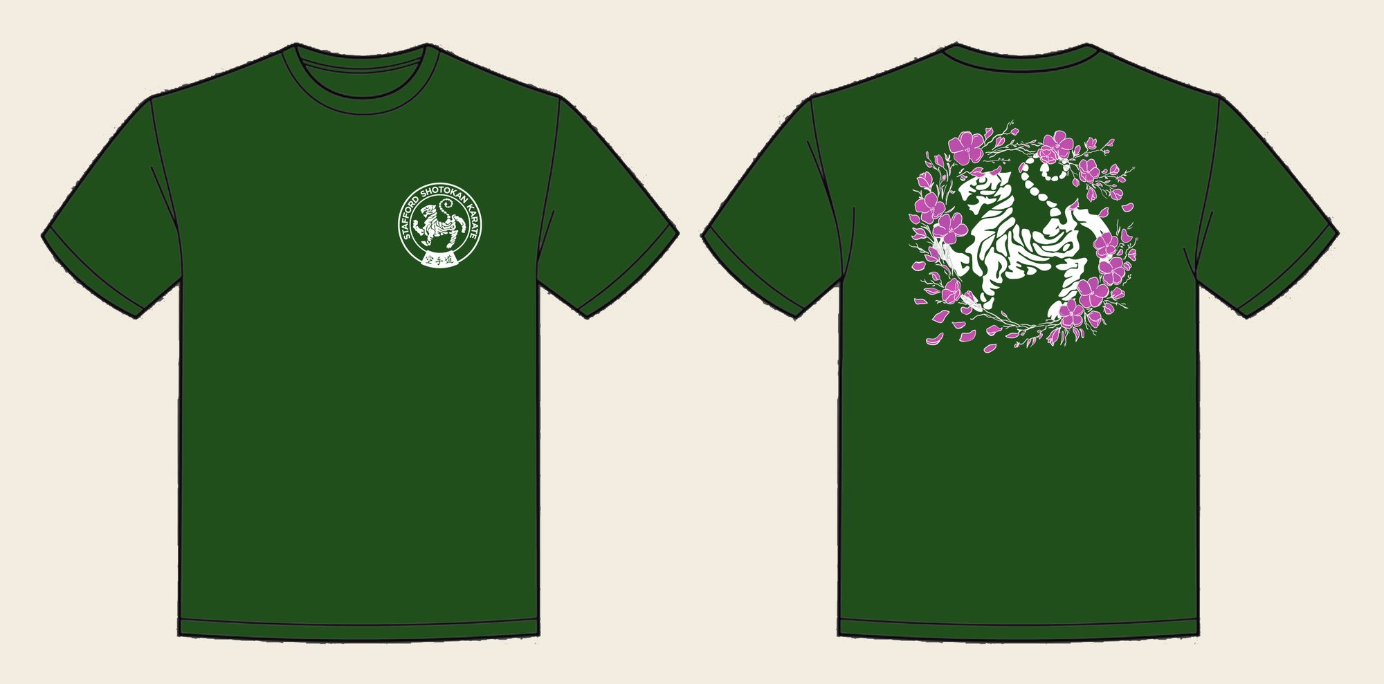 T-Shirt design 17, Sakura Tiger (Option B), in Bottle Green, front and back