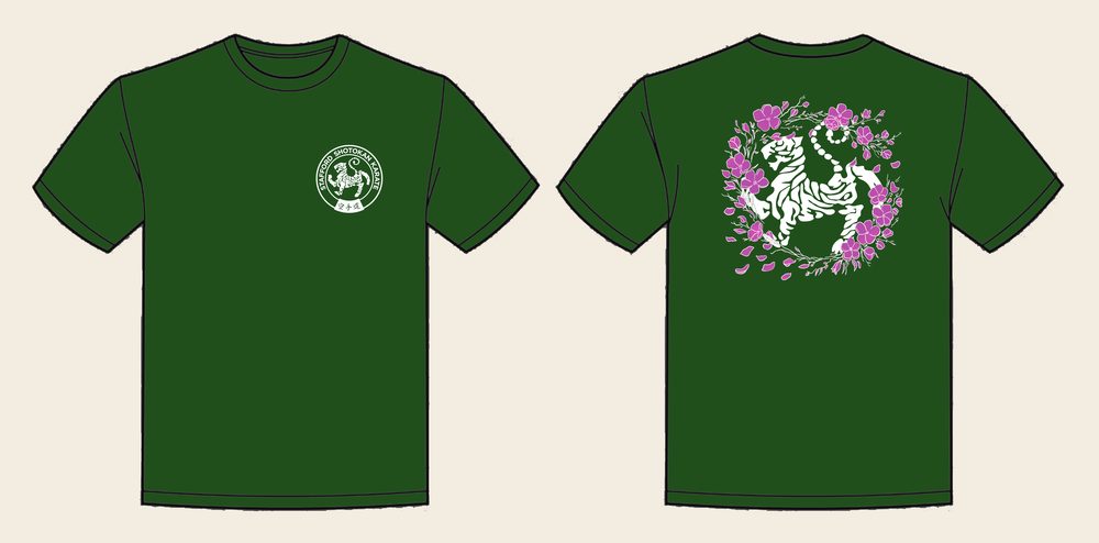 T-Shirt design 17, Sakura Tiger (Option B), in Bottle Green, front and back