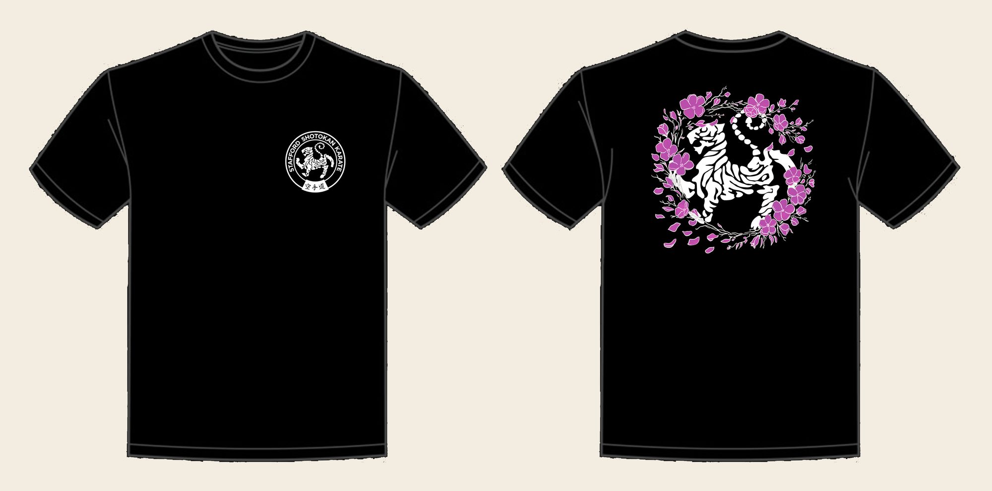 T-Shirt design 17, Sakura Tiger (Option B), in Deep Black, front and back