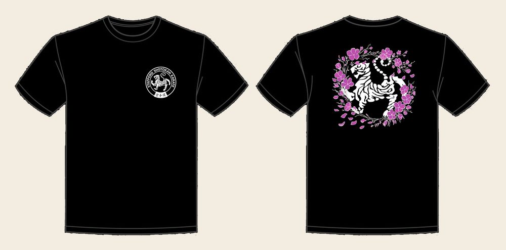 T-Shirt design 17, Sakura Tiger (Option B), in Deep Black, front and back