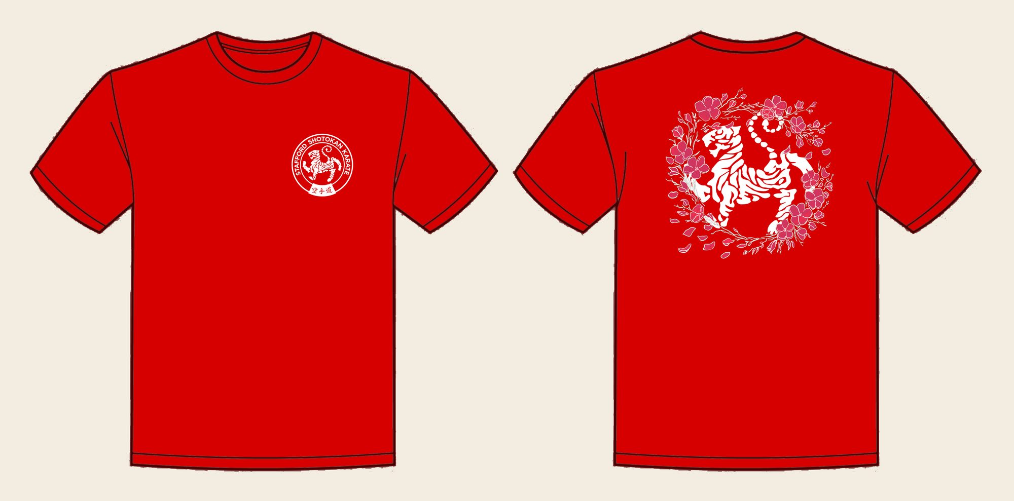 T-Shirt design 17, Sakura Tiger (Option B), in Fire Red, front and back
