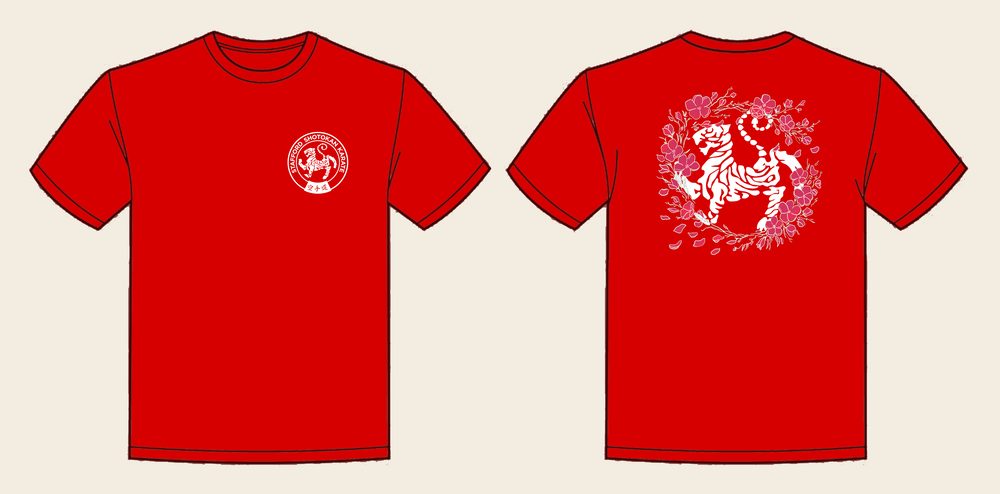 T-Shirt design 17, Sakura Tiger (Option B), in Fire Red, front and back