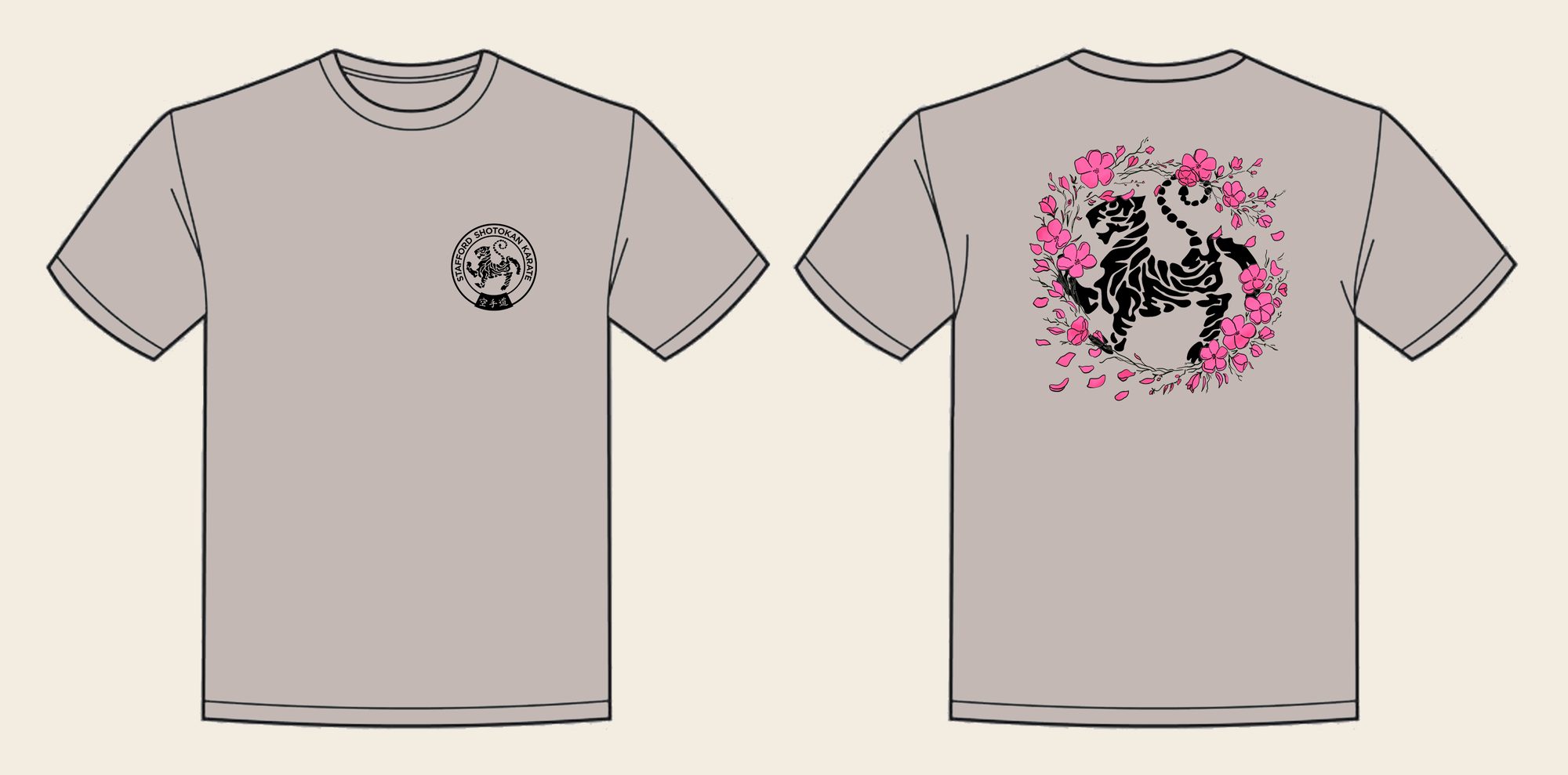 T-Shirt design 17, Sakura Tiger (Option B), in Natural Stone, front and back