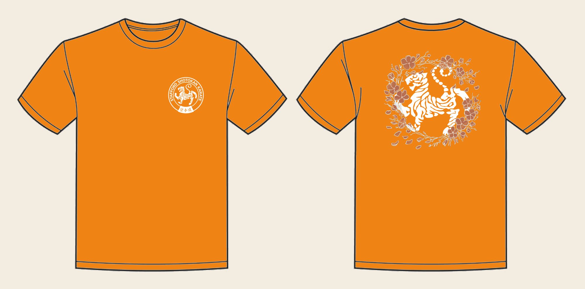 T-Shirt design 17, Sakura Tiger (Option B), in Orange Crush, front and back