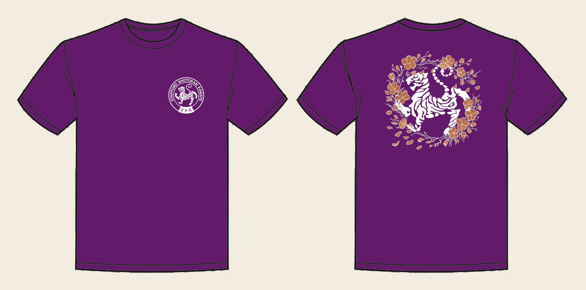 T-Shirt design 17, Sakura Tiger (Option B), in Purple, front and back