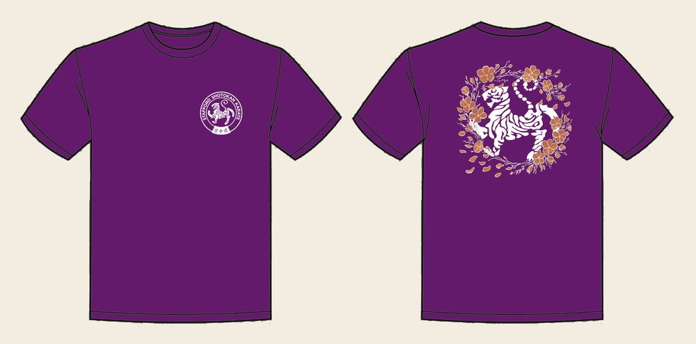 T-Shirt design 17, Sakura Tiger (Option B), in Purple, front and back