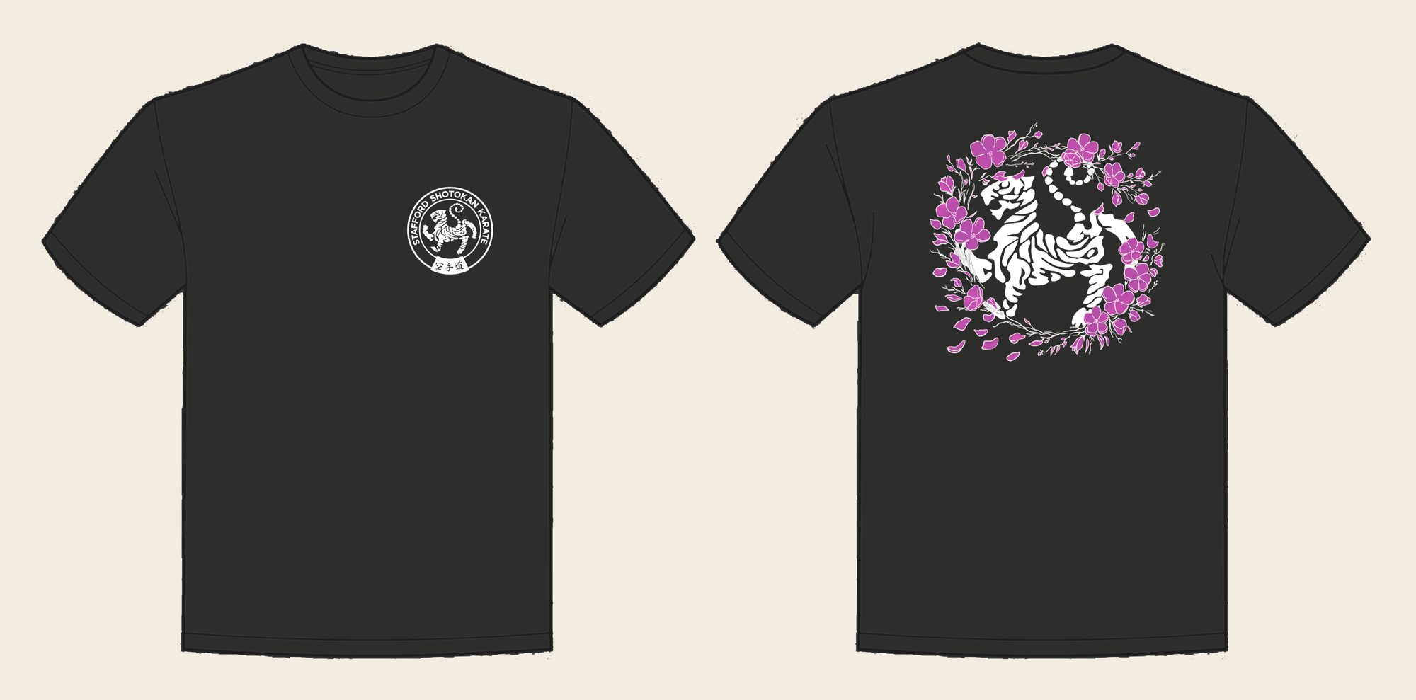 T-Shirt design 17, Sakura Tiger (Option B), in Solid Charcoal, front and back