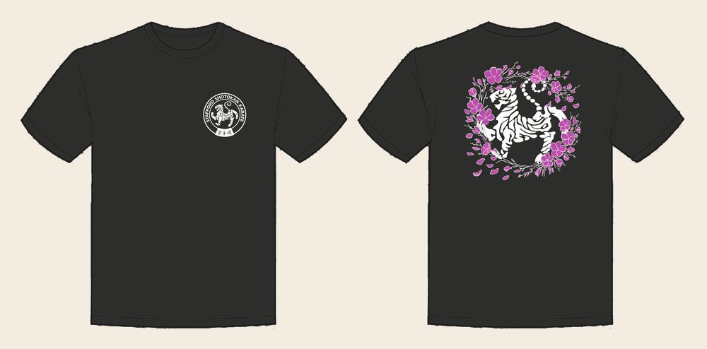 T-Shirt design 17, Sakura Tiger (Option B), in Solid Charcoal, front and back