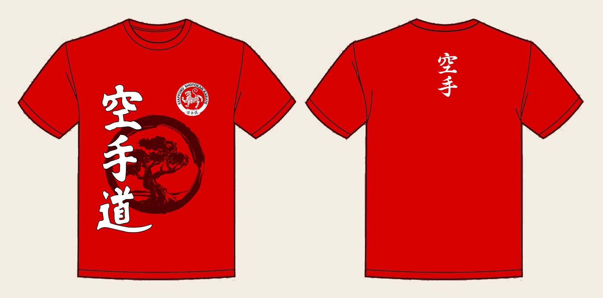 T-Shirt design 9, Bonsai Karate, in Fire Red, front and back