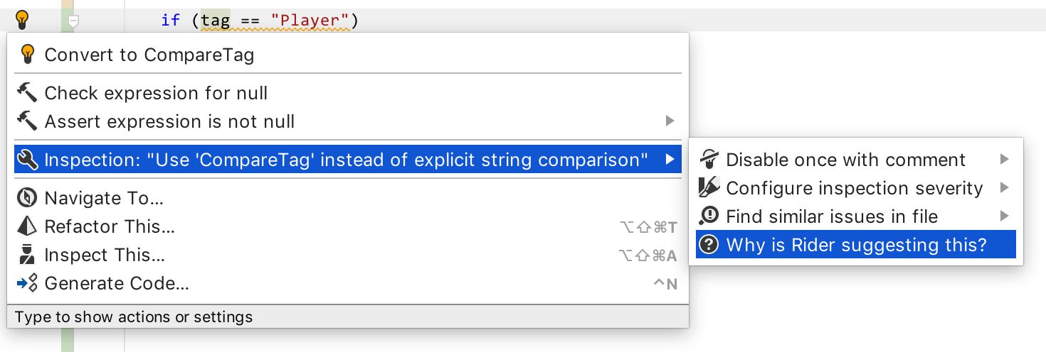 Showing the 'Why is Rider suggesting this?' menu item