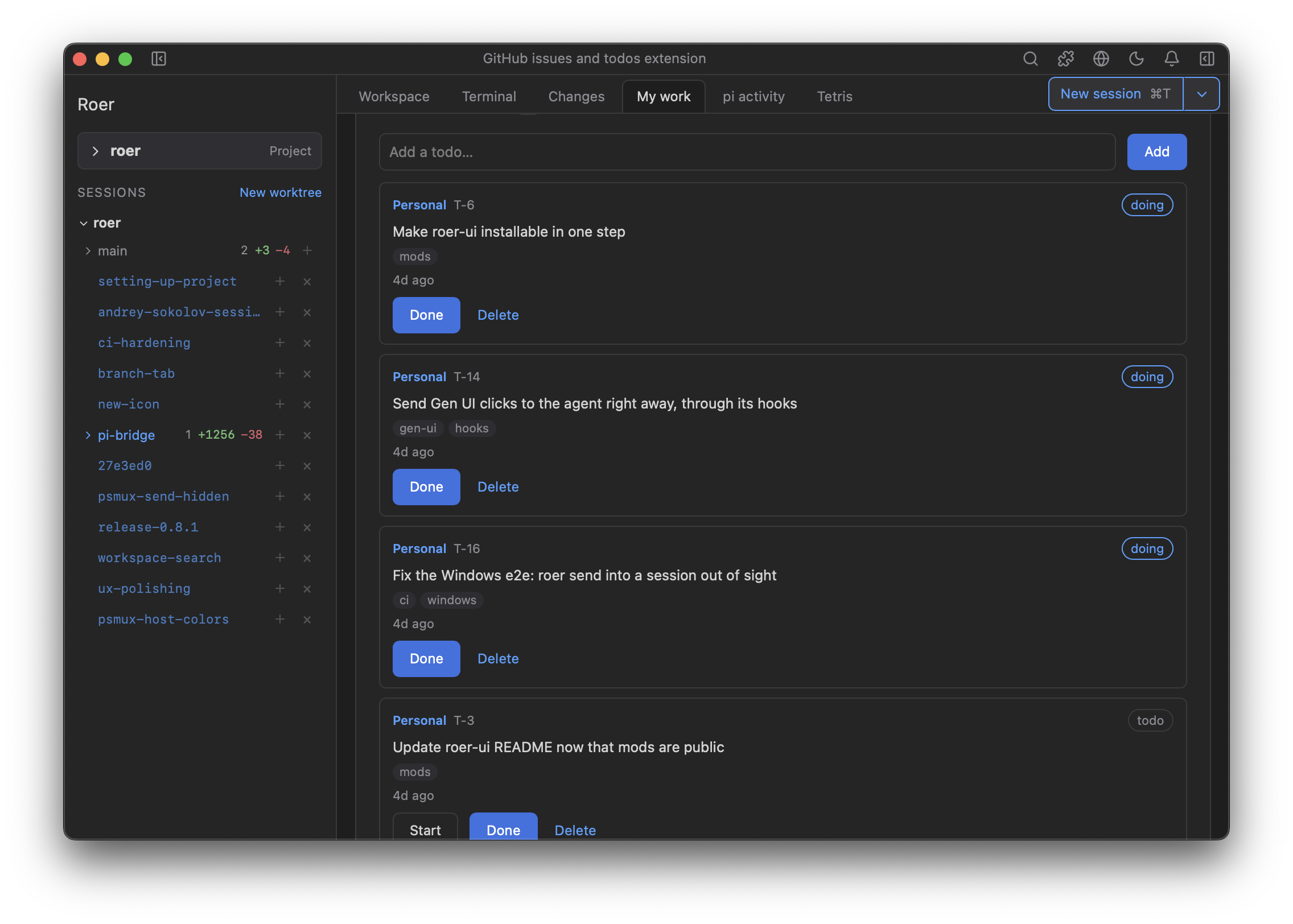 A Roer extension tab with GitHub issues and todos