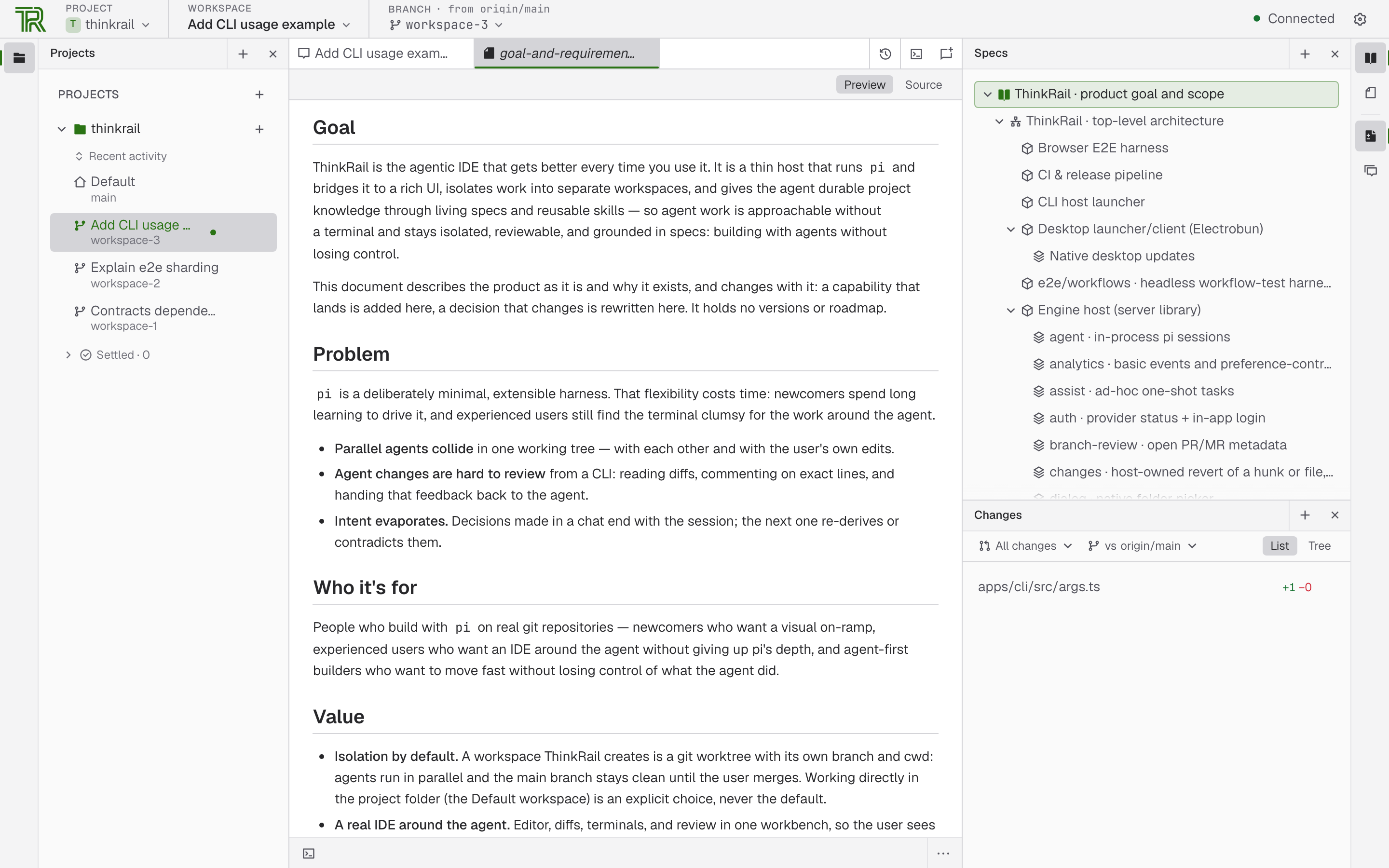 The Specs tool, opened from the right edge rail, listing the project's spec tree while the product goal spec is rendered in the editor