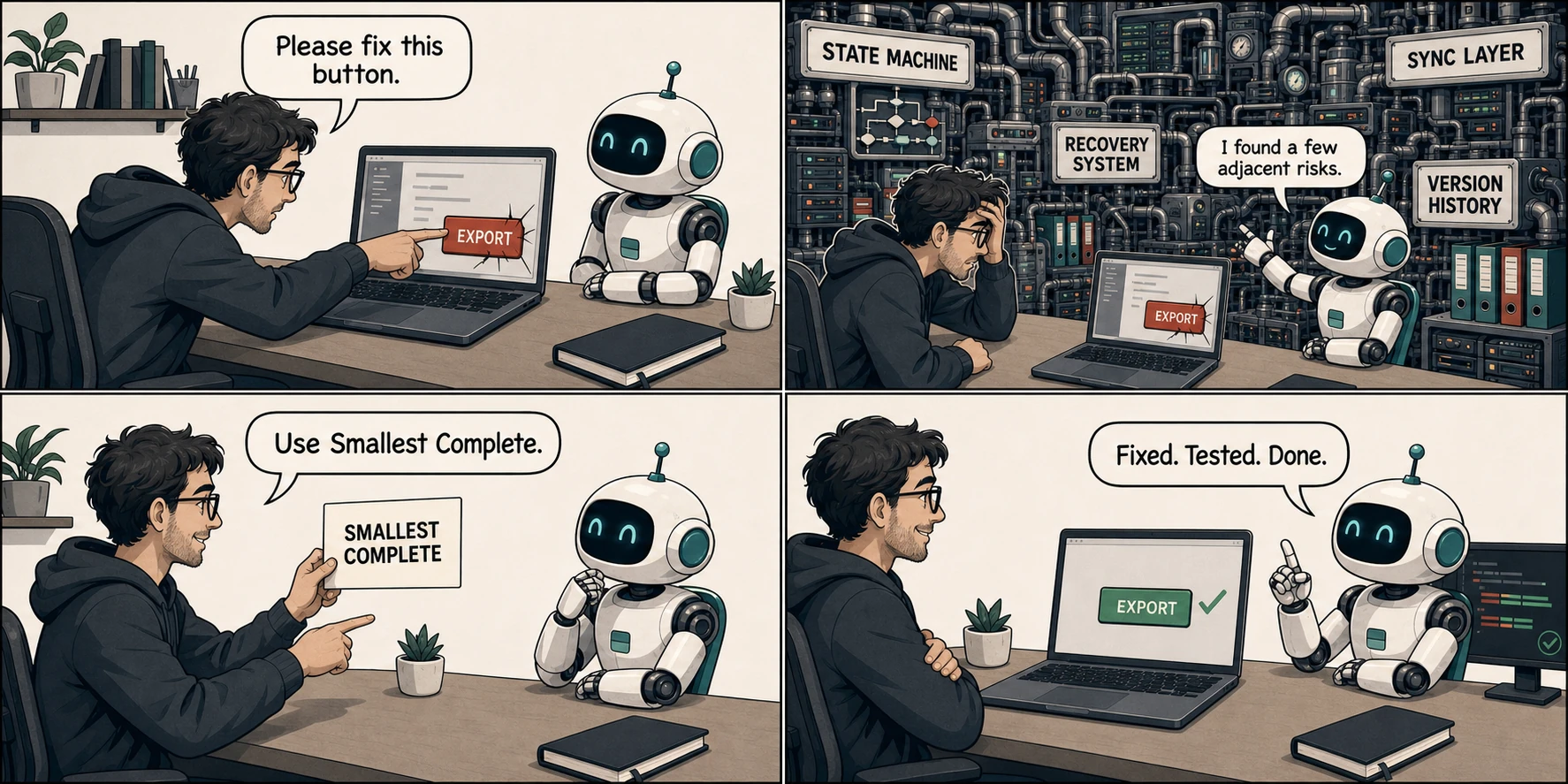 Four-panel comic: a developer asks an agent to fix one button; the agent builds a state machine, sync layer, recovery system, and version history; Smallest Complete brings it back to a fixed and tested button