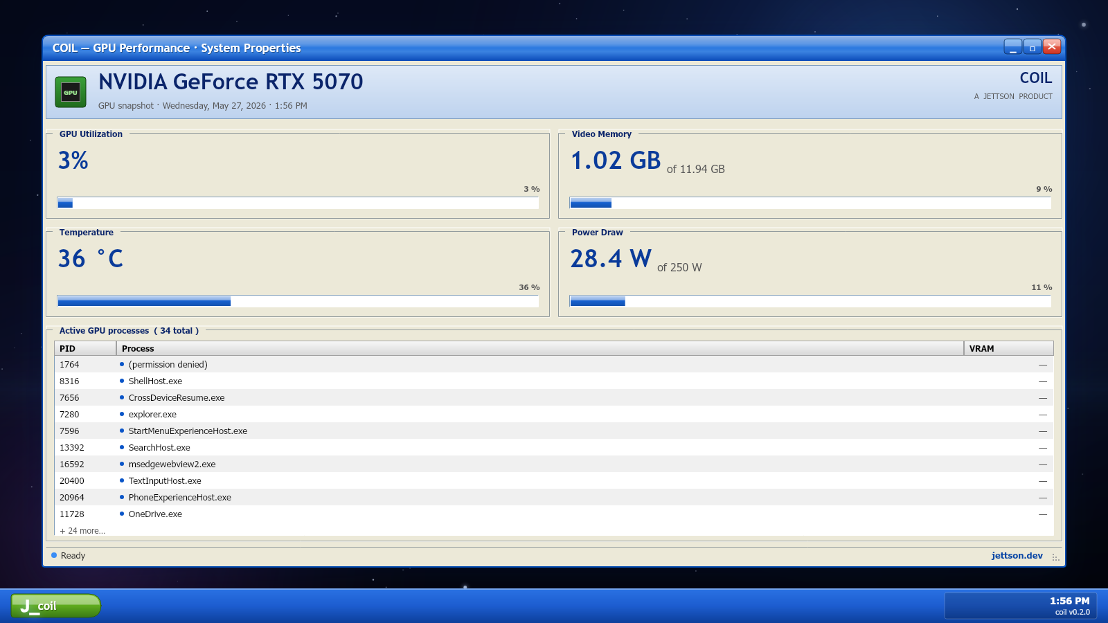 coil share card — Windows XP Luna-themed snapshot of an NVIDIA RTX 5070, showing GPU utilization, VRAM, temperature, power, and the active process list