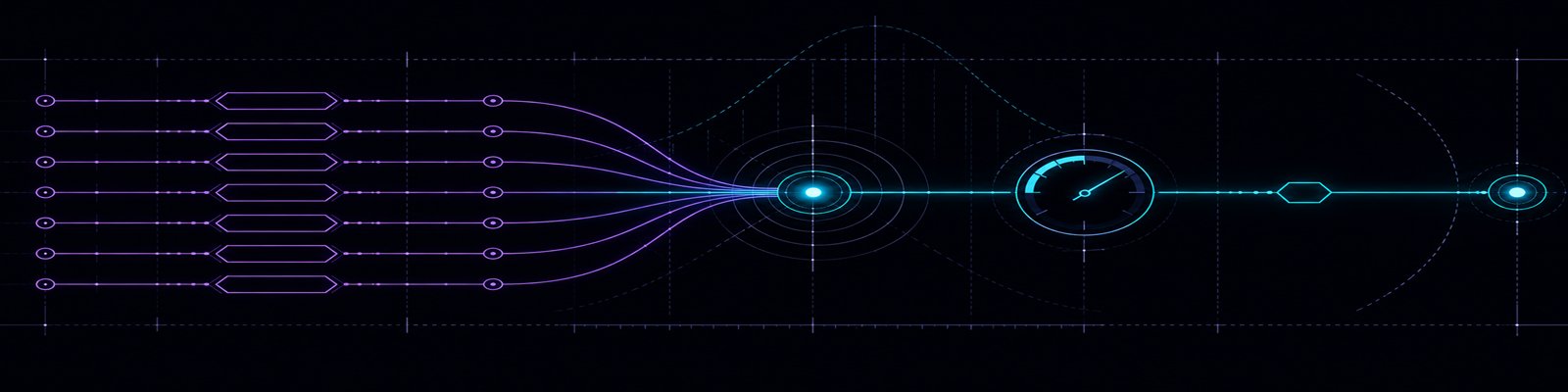 Parallel question lanes converging through a calibration dial and scorer gauge into one chosen option