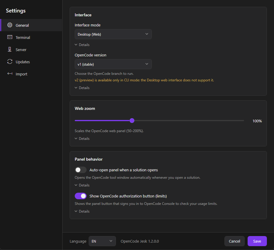 OpenCode Jesk — Settings: General