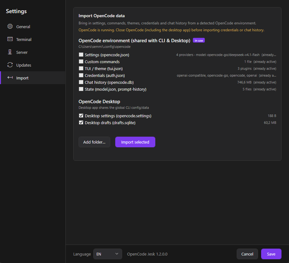 OpenCode Jesk — Settings: Import