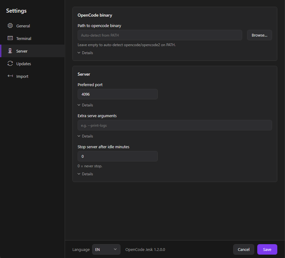 OpenCode Jesk — Settings: Server